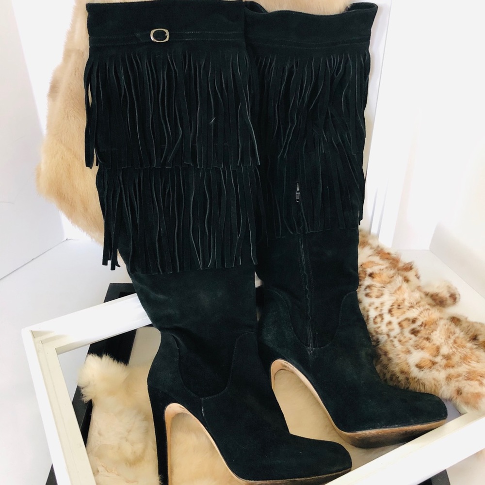 CHARLES DAVID Suede Leather Fringe Tassels knee